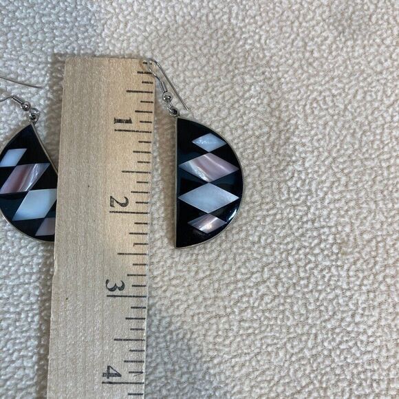 Mother of Pearl Inlaid Earrings Made in Mexico Semicircle Dangle‎ Geometric - Picture 3 of 4